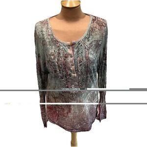 Energe World‎ Wear Henley Top Green Brown Forest Fairy Boho Hippie Artsy